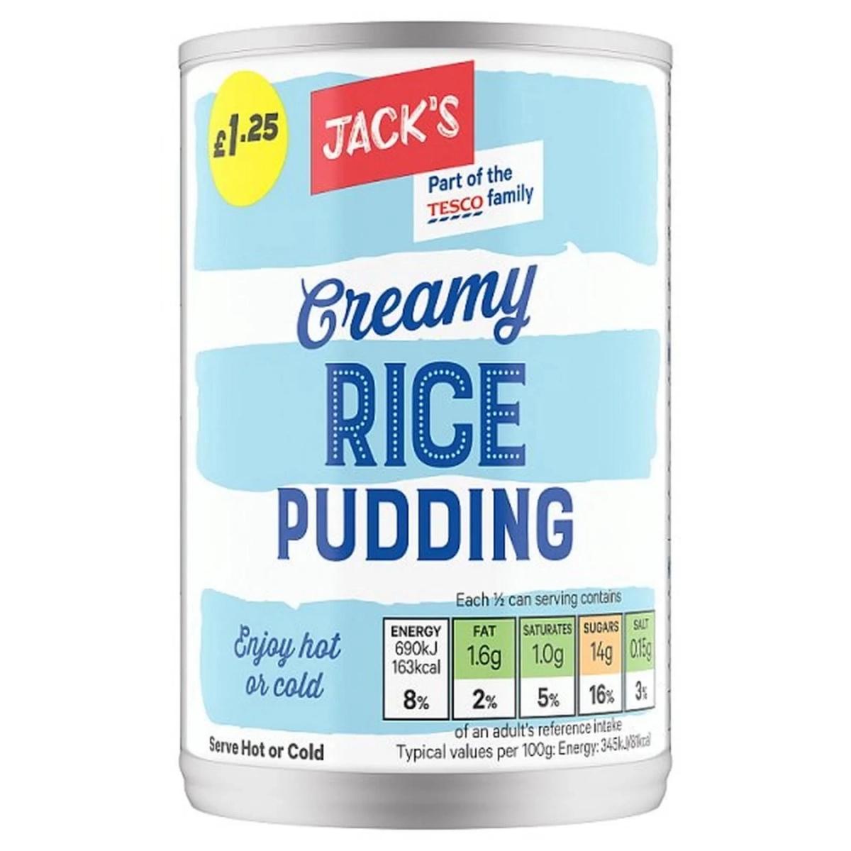 A 400g can of Jack's Creamy Rice Pudding by Jacks, priced at £1.25, includes nutritional info and serving instructions for enjoying this classic dessert hot or cold.