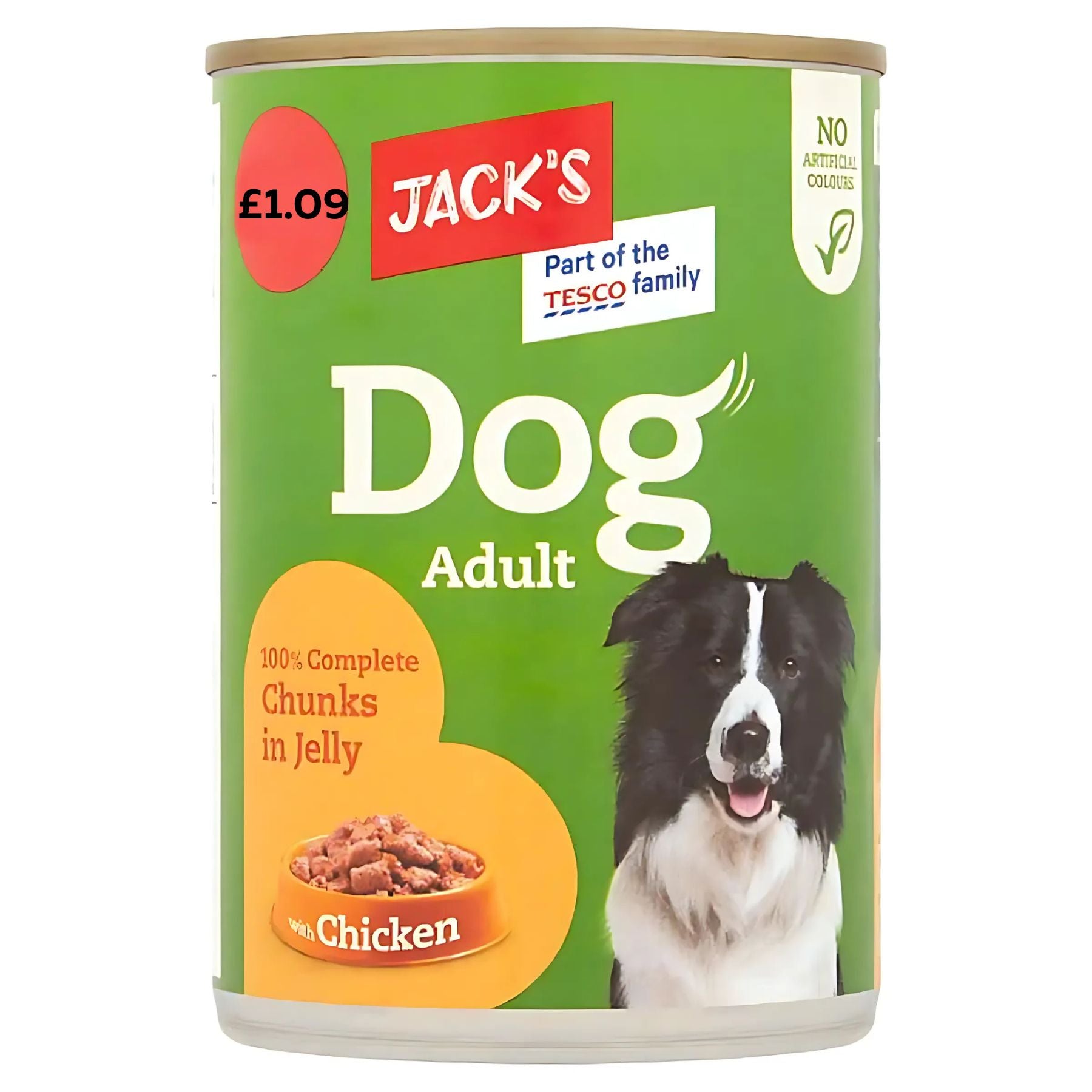 A 415g can of Jack's Dog Adult 100% Complete Chunks in Jelly with Chicken, featuring a black and white dog photo and product info on a green label.