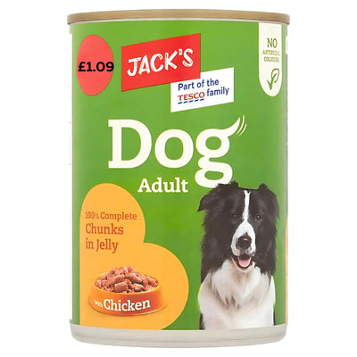 A 415g can of Jack's Dog Adult 100% Complete Chunks in Jelly with Chicken, featuring a black and white dog photo and product info on a green label.