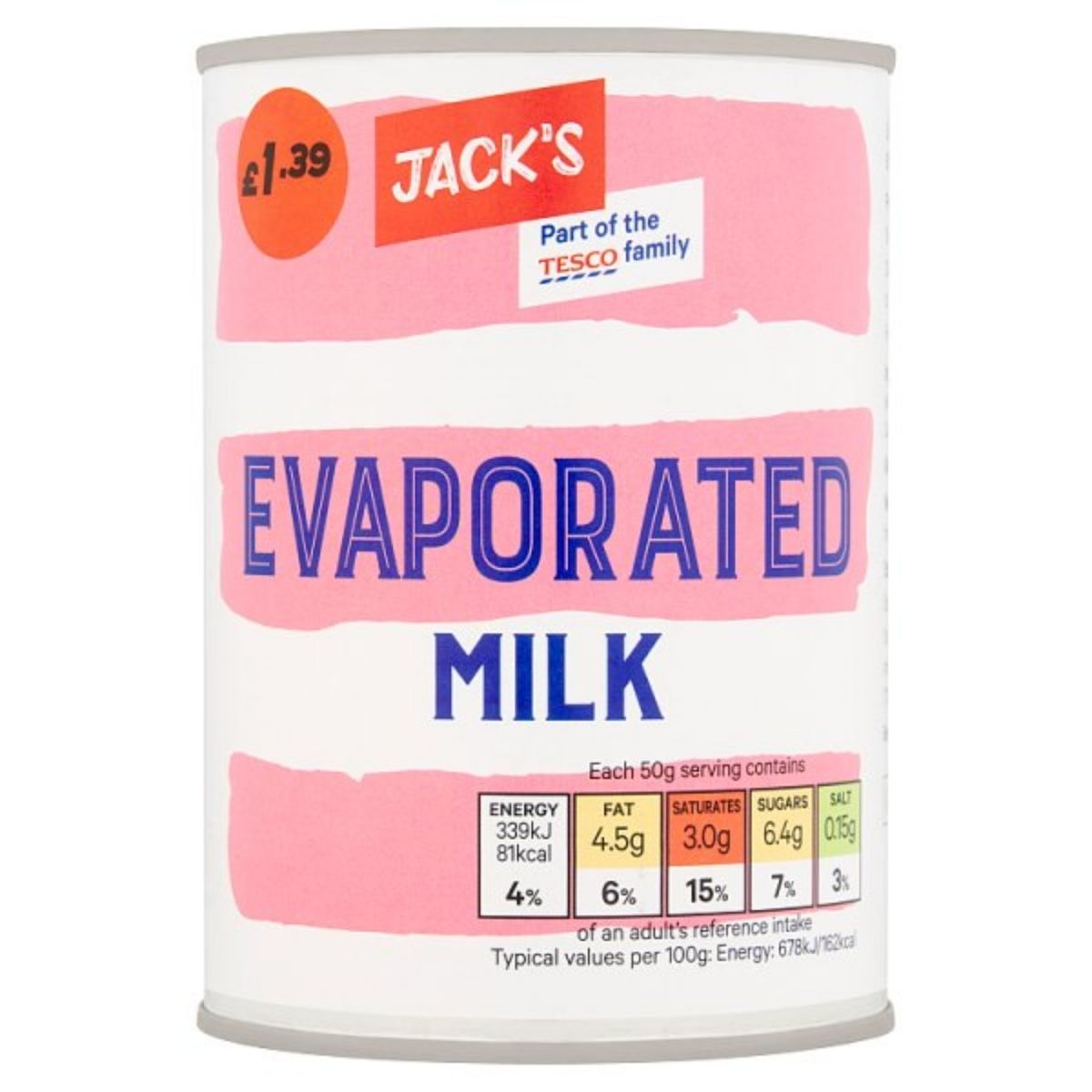 Jack's evaporated milk, featuring a pink label, is available for £1.39; the product offers nutritional details per 50g serving.