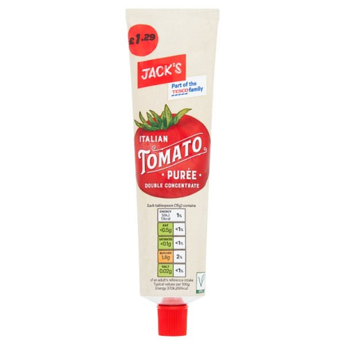 A 200g tube of Jack's Italian Tomato Purée, featuring a double concentrate formula with an acidity regulator and a red cap, is available for £1.29.