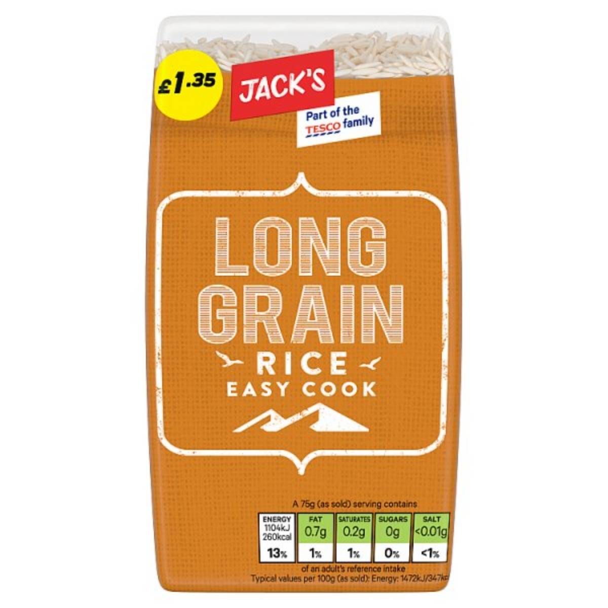 A 500g bag of Jacks Long Grain Rice with a yellow price label and nutritional information on the front.