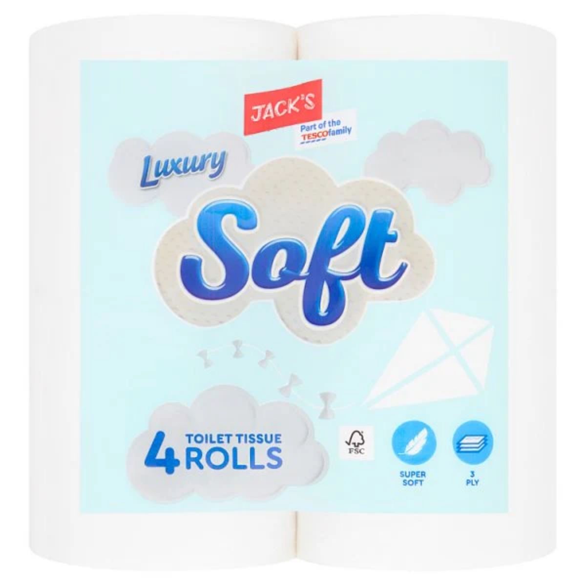 Jack’s - Luxury Soft Toilet Tissue Rolls - 4 Rolls, by Jack’s, comes in blue and white packaging with cloud graphics and “super soft” and “3-ply” features highlighted.