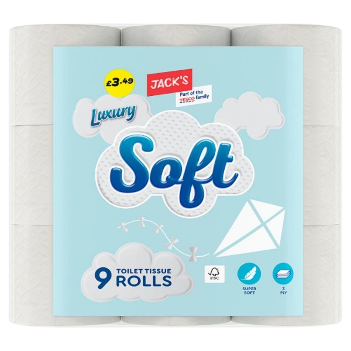 Jack's Luxury Soft Toilet Tissue Rolls, pack of 9 rolls (3-ply), priced at £3.49, comes in light blue packaging with clouds and a kite design.