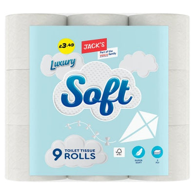 Jack's Luxury Soft Toilet Tissue Rolls, pack of 9 rolls (3-ply), priced at £3.49, comes in light blue packaging with clouds and a kite design.