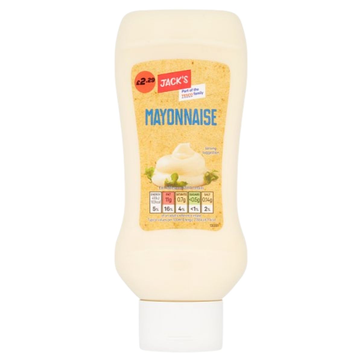 Squeezy bottle of mayonnaise with a label on a white background
