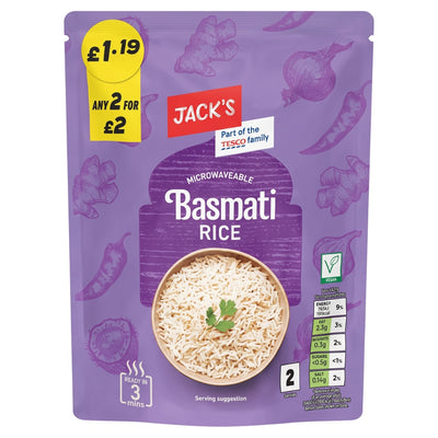 Pouch of Jack’s - Microwave Basmati Rice - 250g with a bowl of the rice depicted on the front, including nutritional information and cooking instructions.