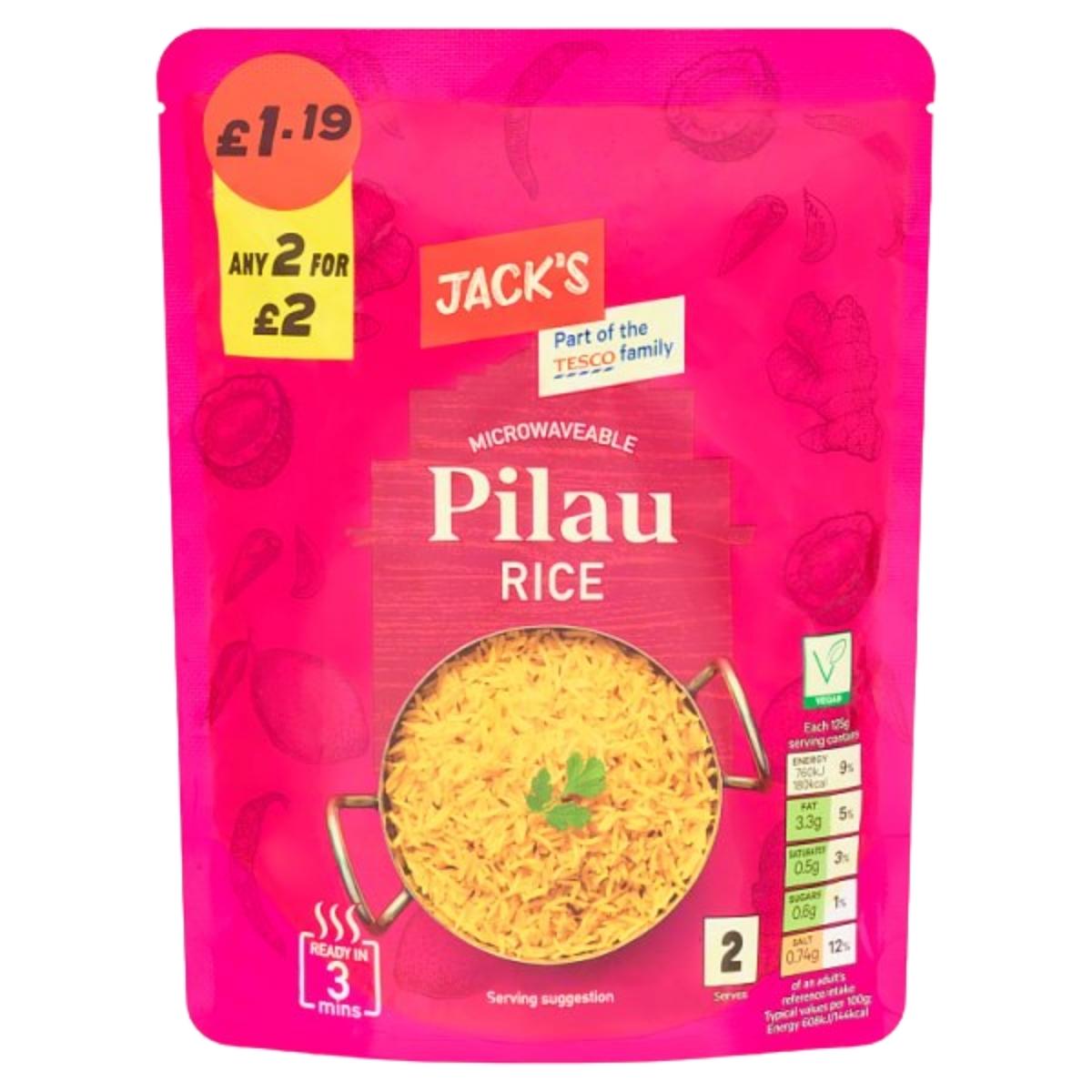 A 250g pink packet of Jack's Microwaveable Pilau Rice displays price labels, cooking instructions, and nutritional details on the front.