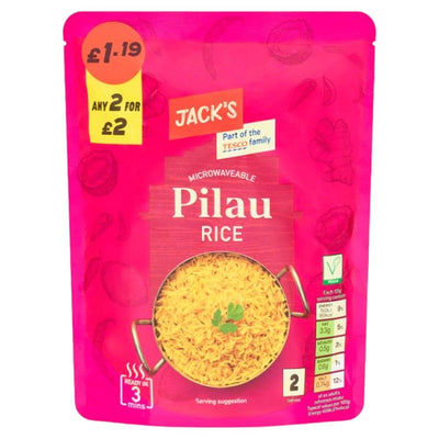 A 250g pink packet of Jack's Microwaveable Pilau Rice displays price labels, cooking instructions, and nutritional details on the front.