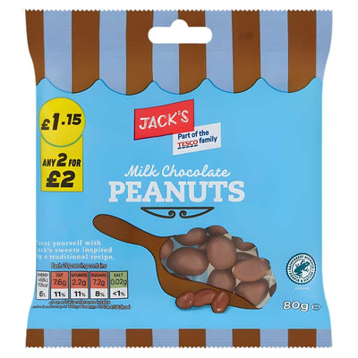 Jack's Milk Chocolate Coated Peanuts, 80g, in a blue and brown bag with nutritional info and a wooden scoop on the front. Price: £1.15 each or 2 for £2. Brand: Jack's.