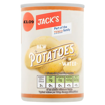 A 300g can of Jacks New Potatoes in Water, featuring peeled new potatoes and full nutritional info, is priced at £1.09 and includes a "Part of the Tesco family" label on the front.