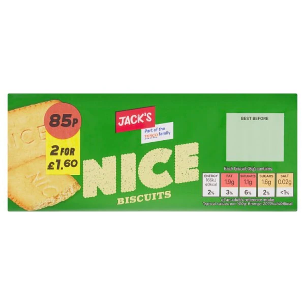 A green 200g pack of Jacks Nice Biscuits displays price, nutritional info, and a "best before" box. Two coconut biscuits sprinkled with desiccated coconut are partly visible on the left.