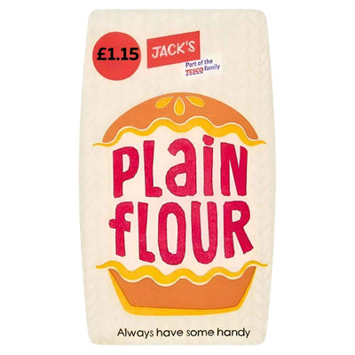 Jack's Plain Flour 1kg, priced at £1.15, is perfect for baking. "Always have some handy" appears at the bottom of the pack.
