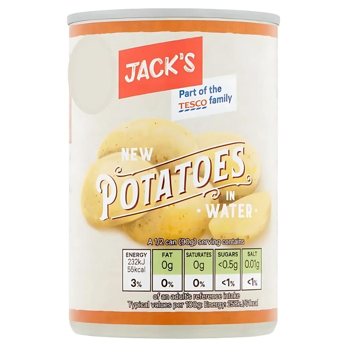 A 560g can of Jack's Potatoes in Water includes nutritional info and a "Part of the Tesco family" label—ideal for preparing a quick meal or enhancing your favorite dish.