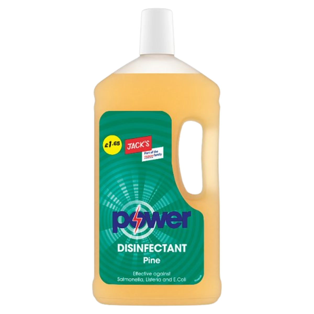 Jack's Power Disinfectant Pine 1L by Jacks, with a handle and green label, costs £1.65 and provides powerful antibacterial cleaning against Salmonella, Listeria, and E. coli.