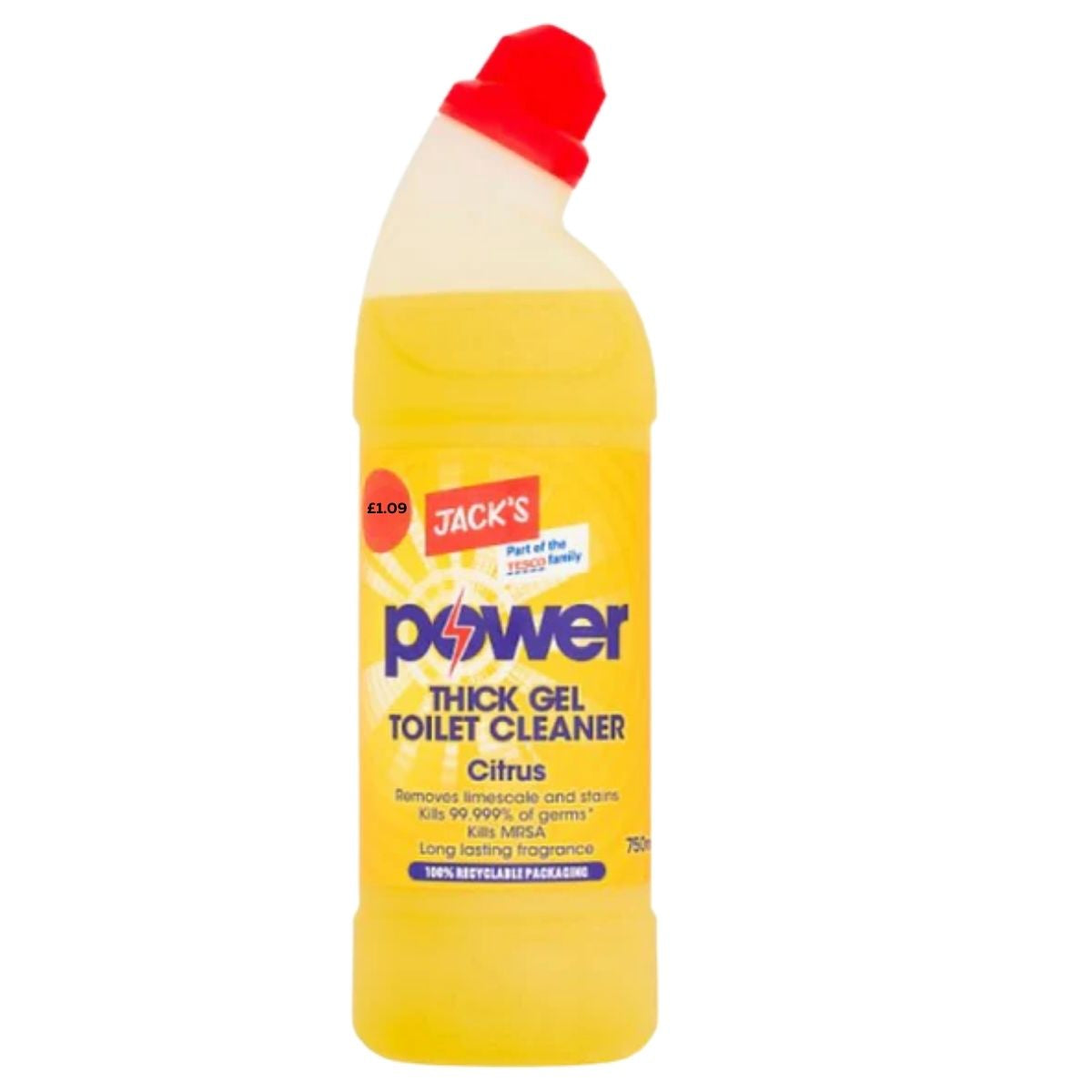 Jack's Power Thick Gel Toilet Cleaner Citrus, 750ml (Brand: Jacks), features a red cap, yellow liquid, and a red £0.09 price sticker. This thick gel is a powerful limescale remover.