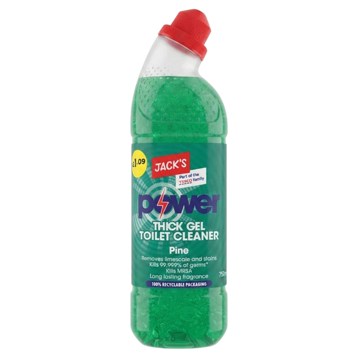 A green bottle of Jacks Power Thick Gel Toilet Cleaner Pine, 750ml, with a pine scent and red angled cap.