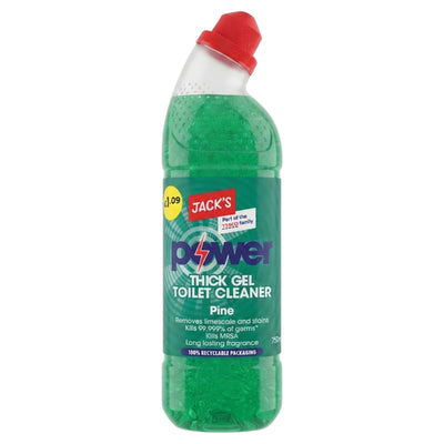 A green bottle of Jacks Power Thick Gel Toilet Cleaner Pine, 750ml, with a pine scent and red angled cap.
