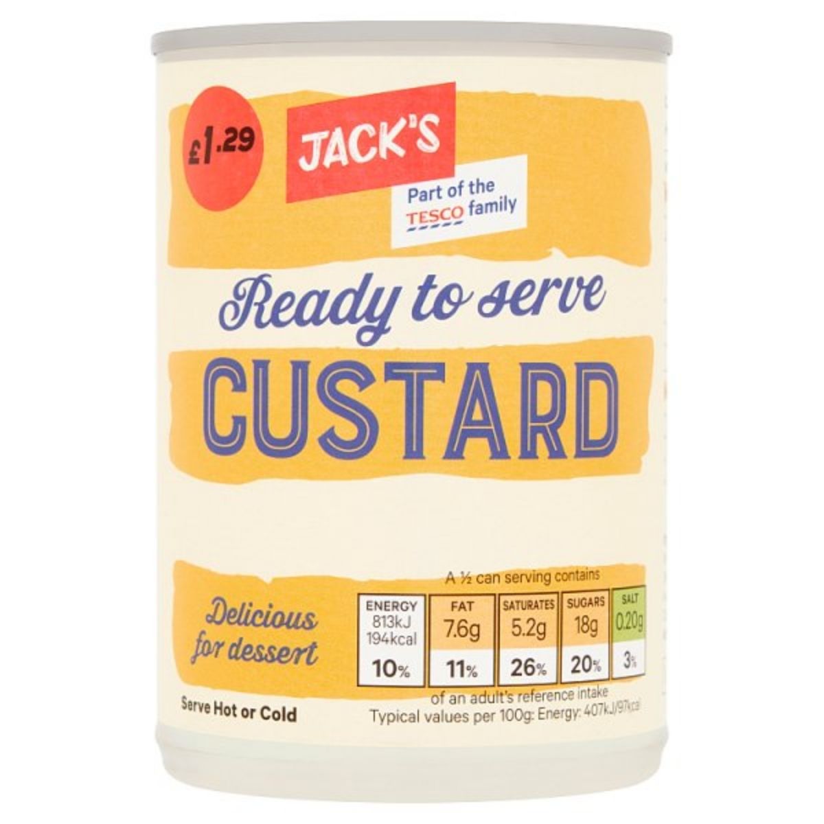 A 400g can of Jack's Ready to Serve Custard, made with whole milk, is available for £1.29 and includes nutritional information on the label.