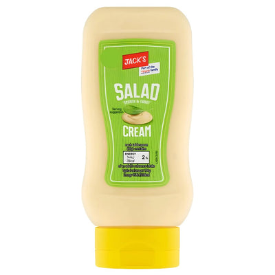 Jack's Salad Smooth & Tangy Cream, 420g: a plastic squeeze bottle with a green label and yellow cap, featuring branding and nutritional details. Made with free-range eggs for extra quality.