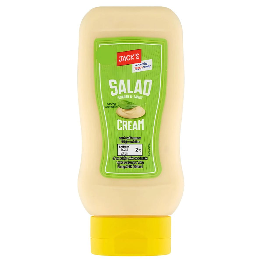 Jack's Salad Smooth & Tangy Cream, 420g: a plastic squeeze bottle with a green label and yellow cap, featuring branding and nutritional details. Made with free-range eggs for extra quality.
