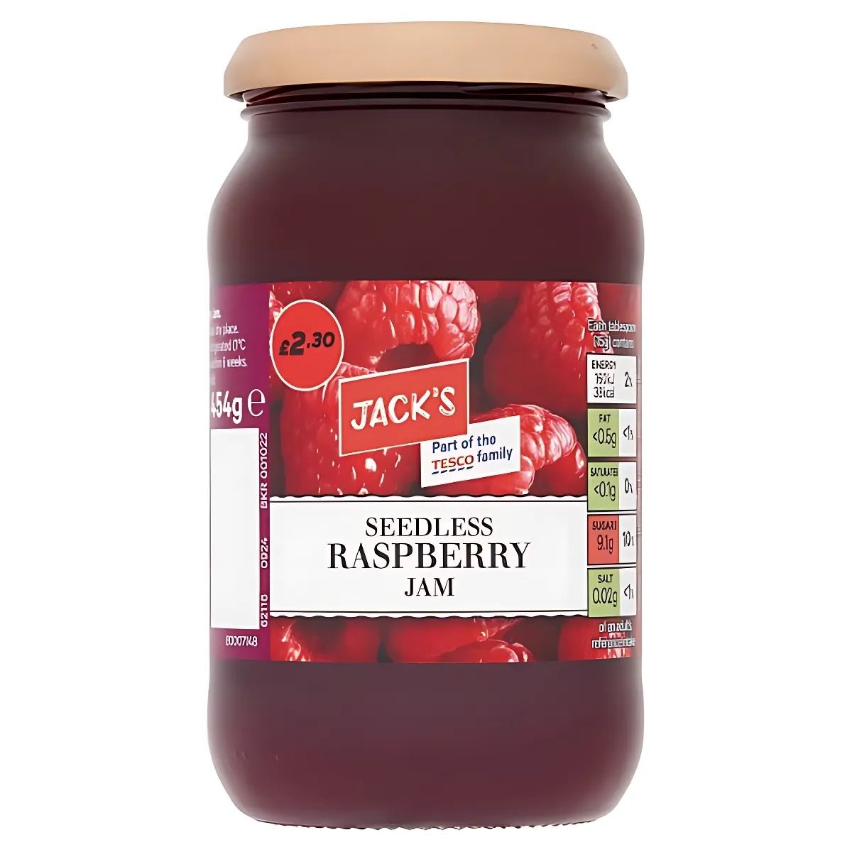 Jack's Seedless Raspberry Jam (454g) is ideal for desserts, featuring a label with a £2.30 price and nutritional info on the side.