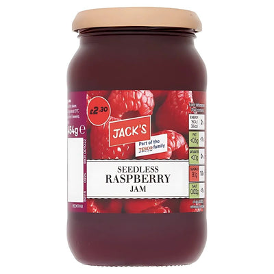 Jack's Seedless Raspberry Jam (454g) is ideal for desserts, featuring a label with a £2.30 price and nutritional info on the side.
