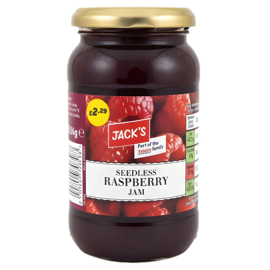 Jack's Seedless Raspberry Jam (454g) comes in a glass jar with a gold lid. Priced at £2.29, its label shows raspberries and nutrition info, making this homemade-quality preserve a delicious choice from Jack's.
