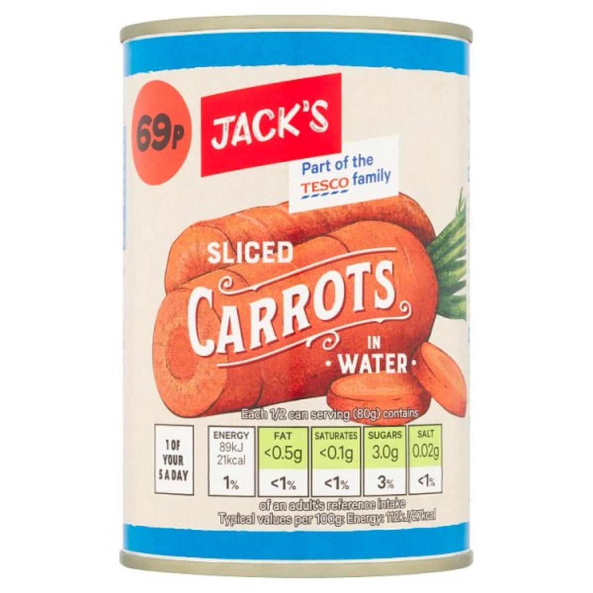 Jack's Sliced Carrots in Water (300g) are available for 69p, featuring nutritional information and a "1 of your 5 a day" label, highlighting their antioxidant-rich carrots.