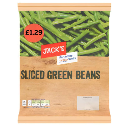 A 500g pack of Jack's Sliced Green Beans by Jacks, priced at £1.29, features Tesco family branding on the packaging.