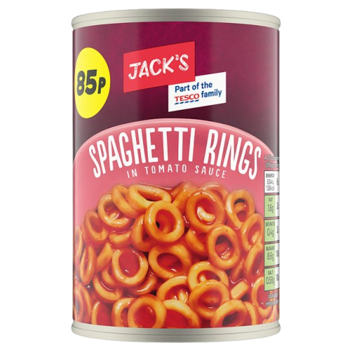 A can of Jack's Spaghetti Rings in Tomato Sauce, featuring a maroon and pink label with a photo of the pasta rings in red sauce, on a white background.