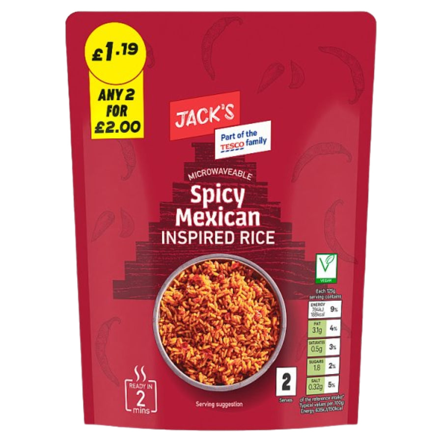 A red stand-up pouch of Jack's Microwave Spicy Mexican Inspired Rice, featuring a yellow price sticker of £1.19 and a circular window showing cooked rice inside.