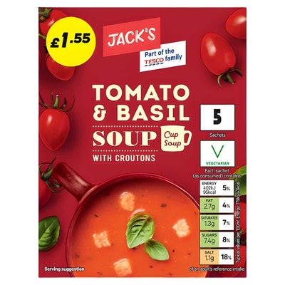 Jack's Tomato & Basil Soup with Croutons, 120g box, contains 5 sachets for £1.55. Suitable for vegetarians and features nutrition info and images of tasty soup and fresh tomatoes on the pack.