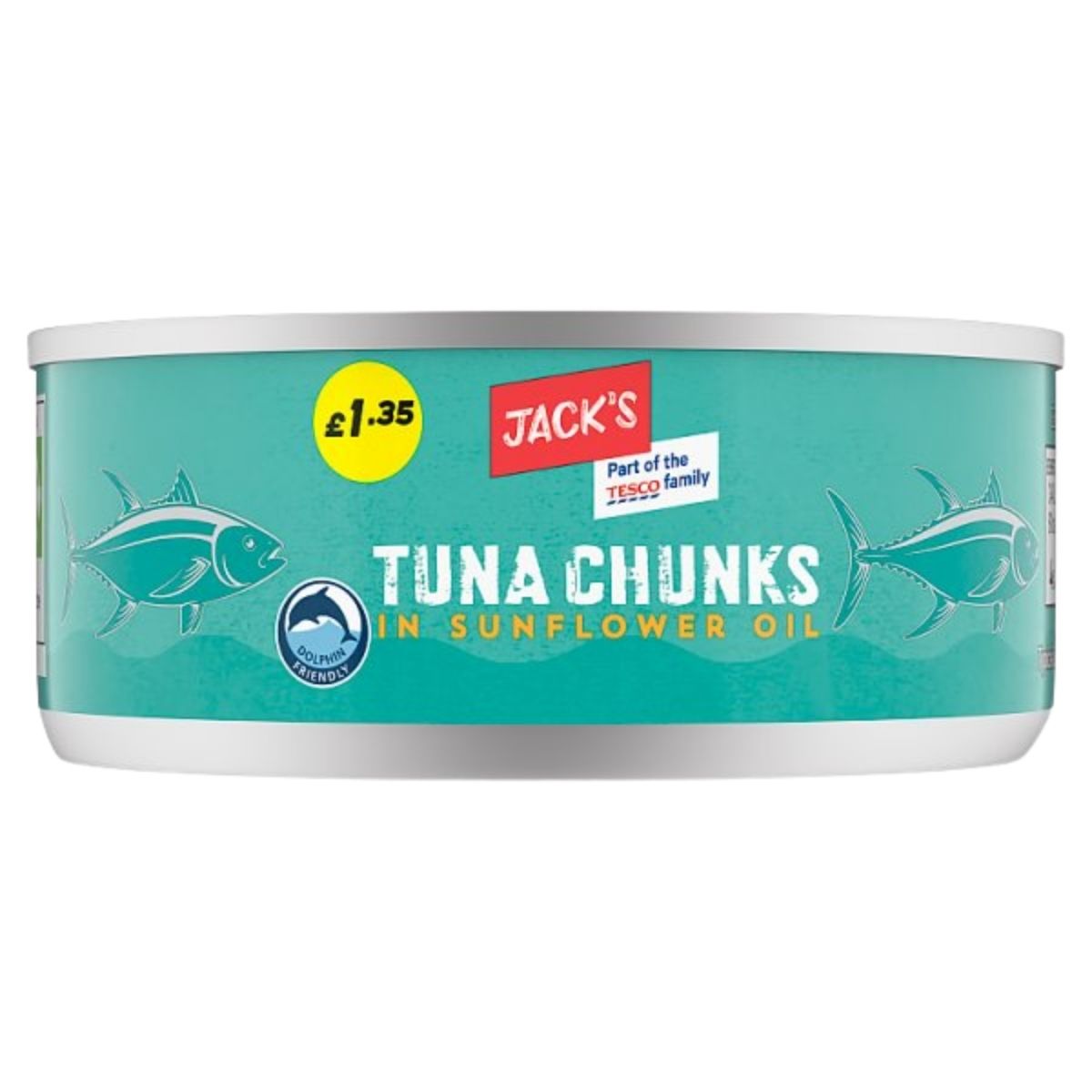A 145g can of Jack's Tuna Chunks in Sunflower Oil features a teal label with tuna illustrations and a £1.35 price tag.