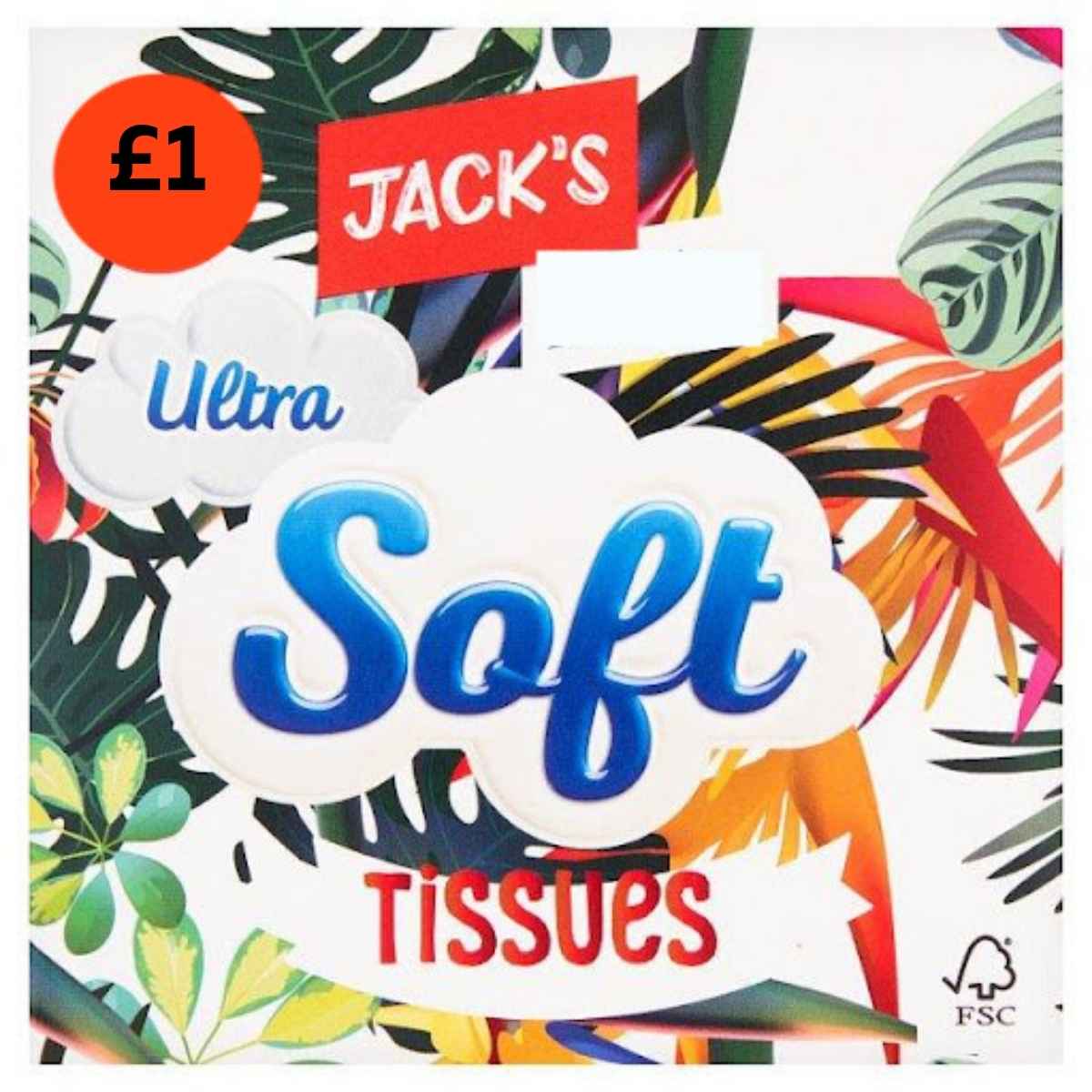 A box of Jack's Ultra Soft Tissues (50 sheets) features a colorful leaf design, an orange £1 price mark, and an FSC logo in the bottom right corner.
