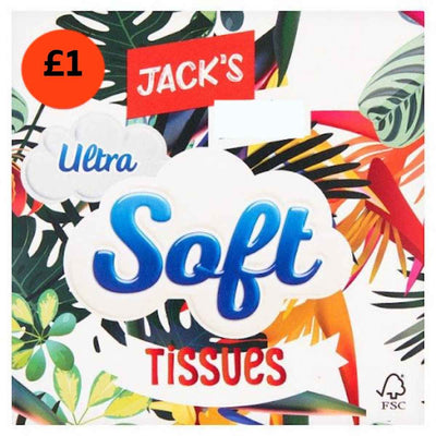 A box of Jack's Ultra Soft Tissues (50 sheets) features a colorful leaf design, an orange £1 price mark, and an FSC logo in the bottom right corner.
