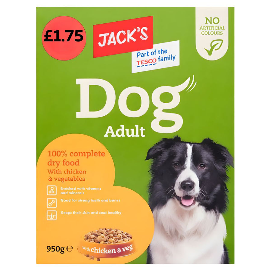 Jack's 100% Complete Dry Food With Chicken & Vegetables for adult dogs, 950g, £1.75. Pack shows a black and white dog and detailed info on the packaging.
