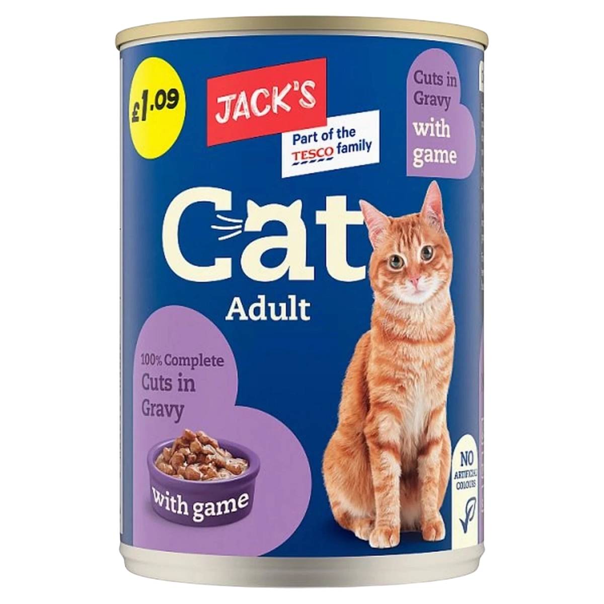 Can of Jack's Cat Adult cat food with a cat on the label
