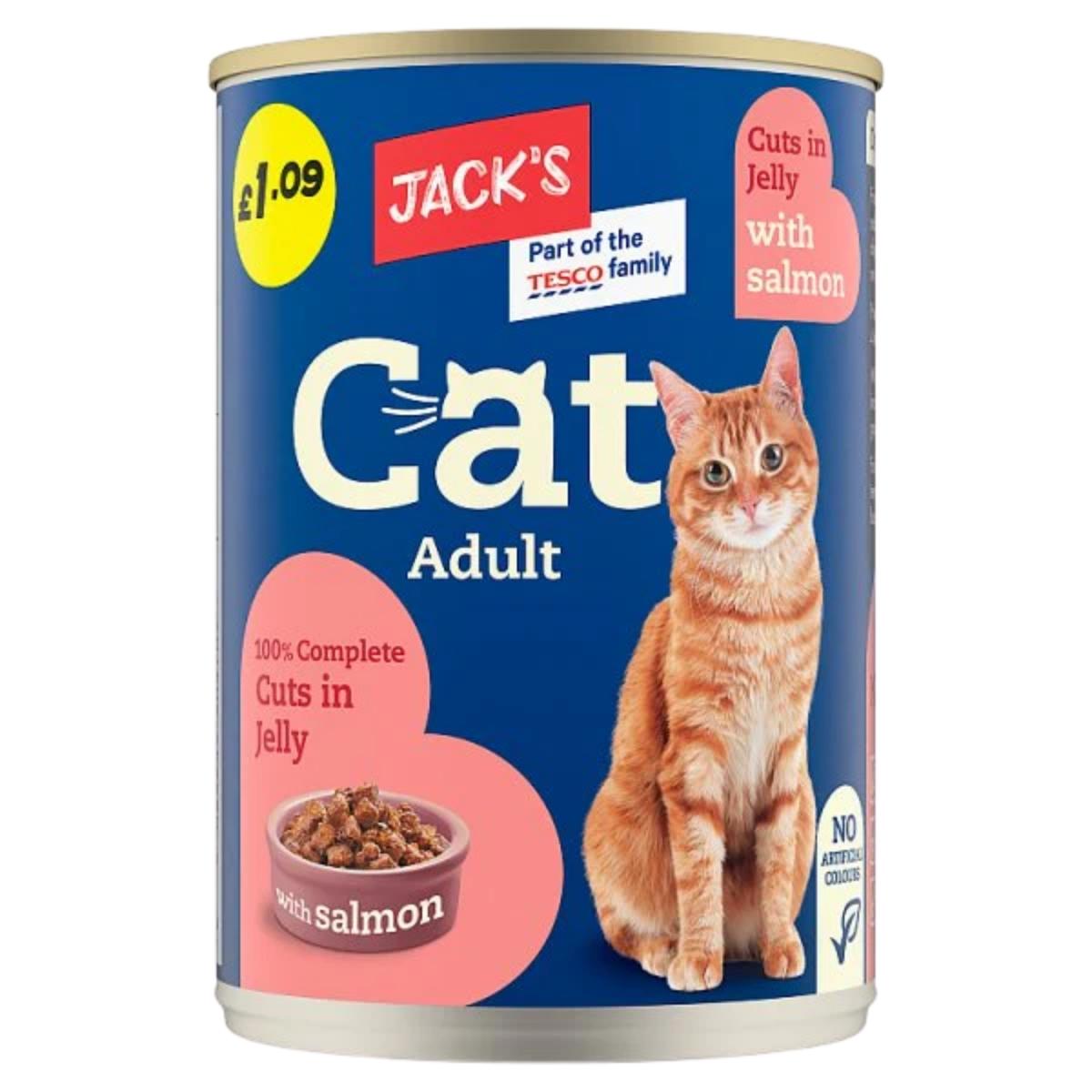 A 415g can of Jacks - Cat Adult 100% Complete Cuts in Jelly with Salmon, a complete cat food featuring an orange cat image and product details on the label.