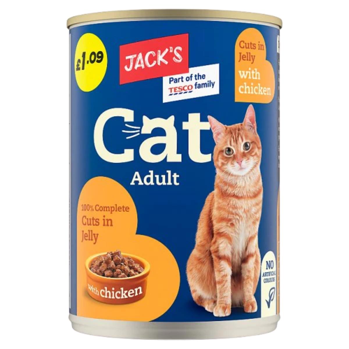 A 415g can of Jacks - Cat Adult 100% Complete Cuts in jelly with Chicken, featuring an orange cat and a bowl of pet food on the label.