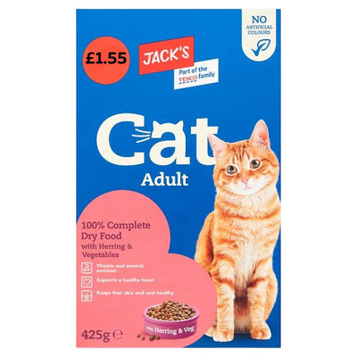 Jacks Cat Adult Dry Food with Herring & Vegetables, 425g pack featuring an orange tabby cat and product details on a blue and pink background. Price: £1.55.