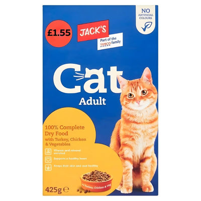 Jacks Cat Adult Dry Food with Turkey, Chicken & Vegetables, 425g, features an orange tabby cat and highlights essential nutrients for a balanced cat diet. Price: £1.55.