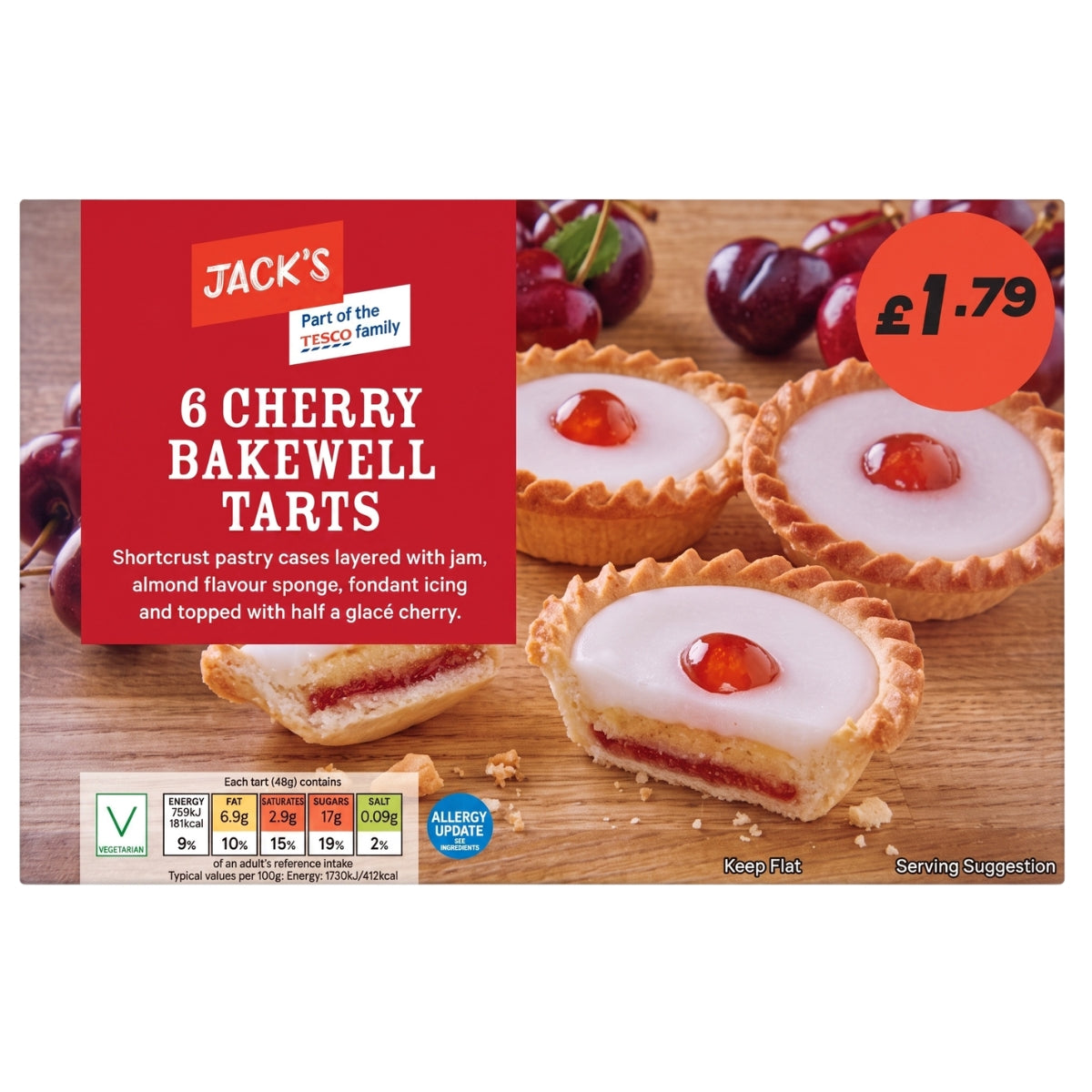 Jacks - Cherry Bakewell Tarts - 6pcs: Classic shortcrust pastry tarts with a delicious almond flavour, topped with smooth white icing and a cherry. Price: £1.79. Full product information available on the packaging.