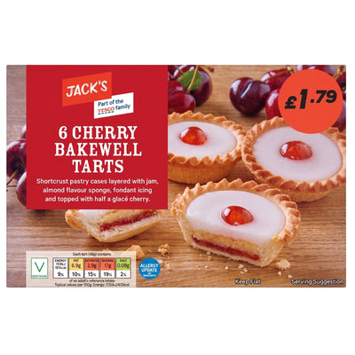 Jacks - Cherry Bakewell Tarts - 6pcs: Classic shortcrust pastry tarts with a delicious almond flavour, topped with smooth white icing and a cherry. Price: £1.79. Full product information available on the packaging.