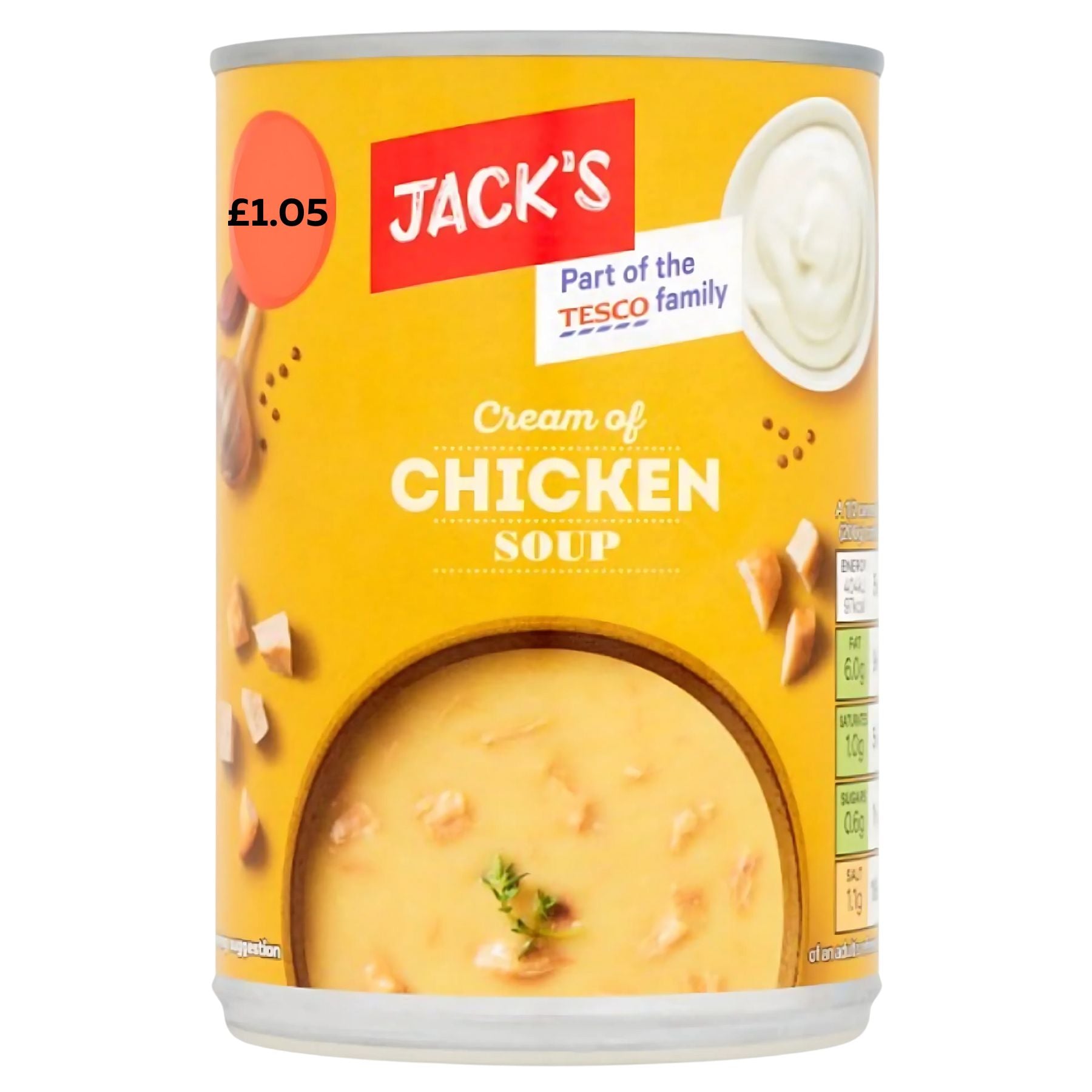 A 400g can of Jacks Cream of Chicken Soup, priced at £1.05.