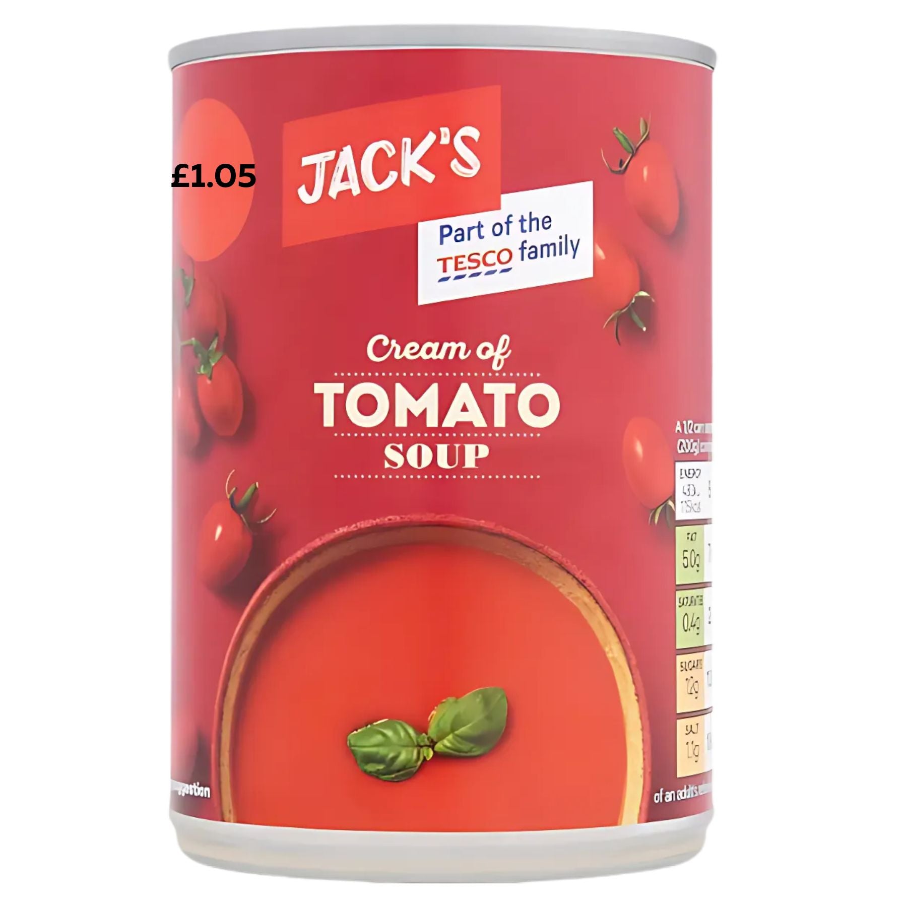 A 400g can of Jacks Cream of Tomato Soup, branded by Jacks, with a visible £1.05 price label on the top left.