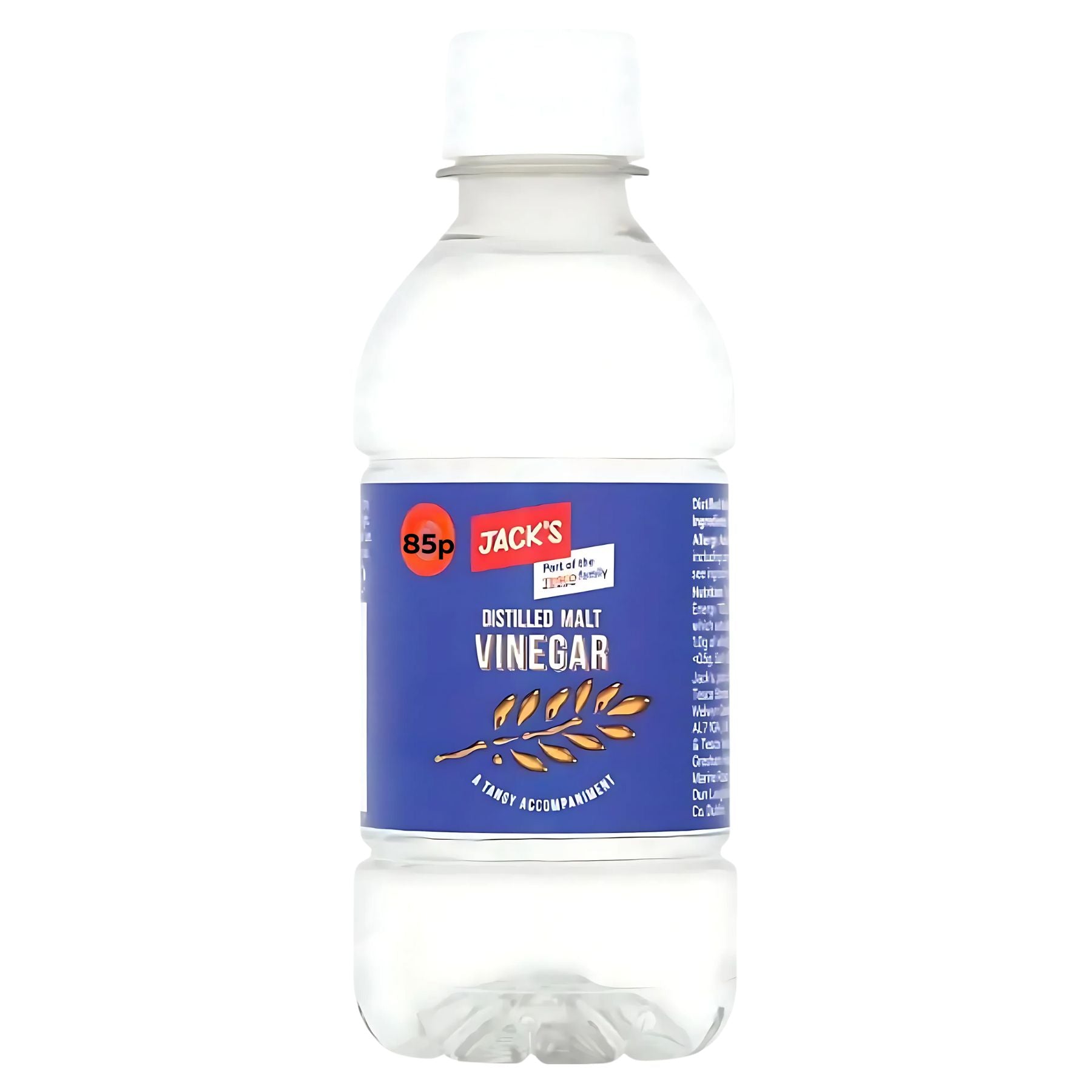 A 284ml bottle of Jacks Distilled Vinegar, featuring a clear plastic packaging, blue label, and white cap, is priced at 85p.