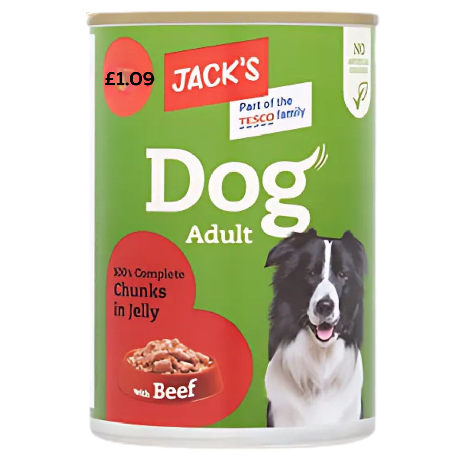 Jacks Dog Adult 100% Complete Chunks in Jelly with Beef (415g), featuring a Border Collie on a green label, is priced at £1.09.