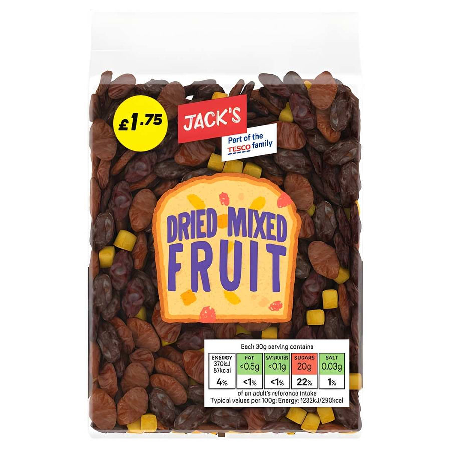 A clear plastic bag of Jack's Dried Mixed Fruit (375g), with orange and lemon peel, vine fruits, a yellow £1.75 price label, and front nutritional info. Brand: Jack's.