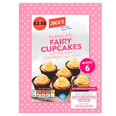 A pink box of Jacks - Fairy Cupcakes Mix - 290g shows six decorated cupcakes with multicoloured sugar strands. The kit makes 6 cupcakes and contains cupcake mix, icing, decorations, and instructions.